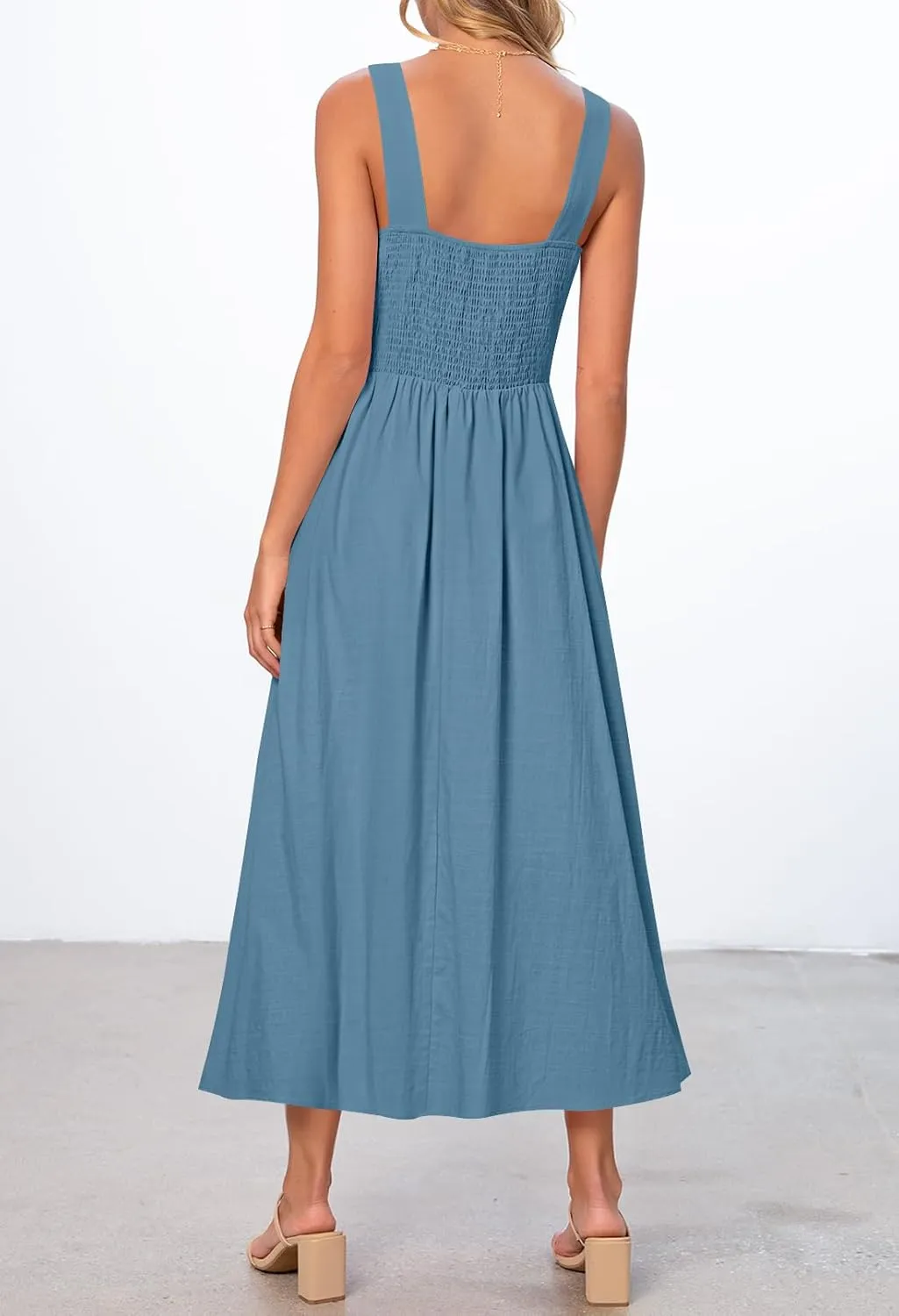 MEROKEETY Women's 2025 Summer Sleeveless Midi Dress Square Neck Smocked Flowy A Line Beach Dresses