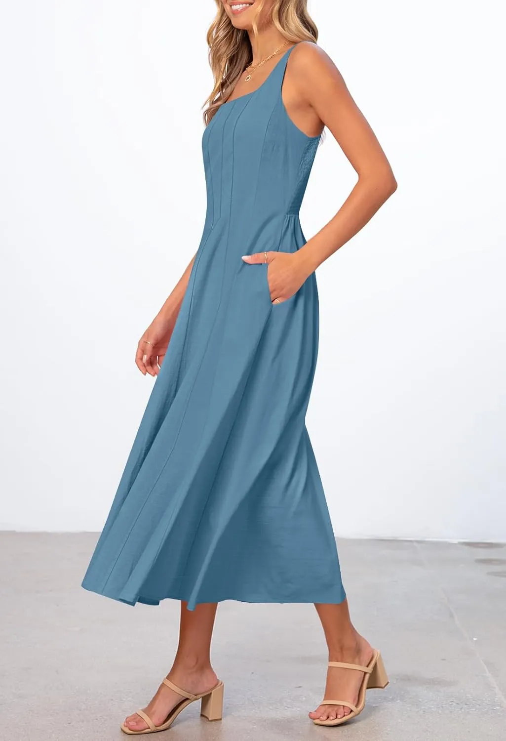MEROKEETY Women's 2025 Summer Sleeveless Midi Dress Square Neck Smocked Flowy A Line Beach Dresses