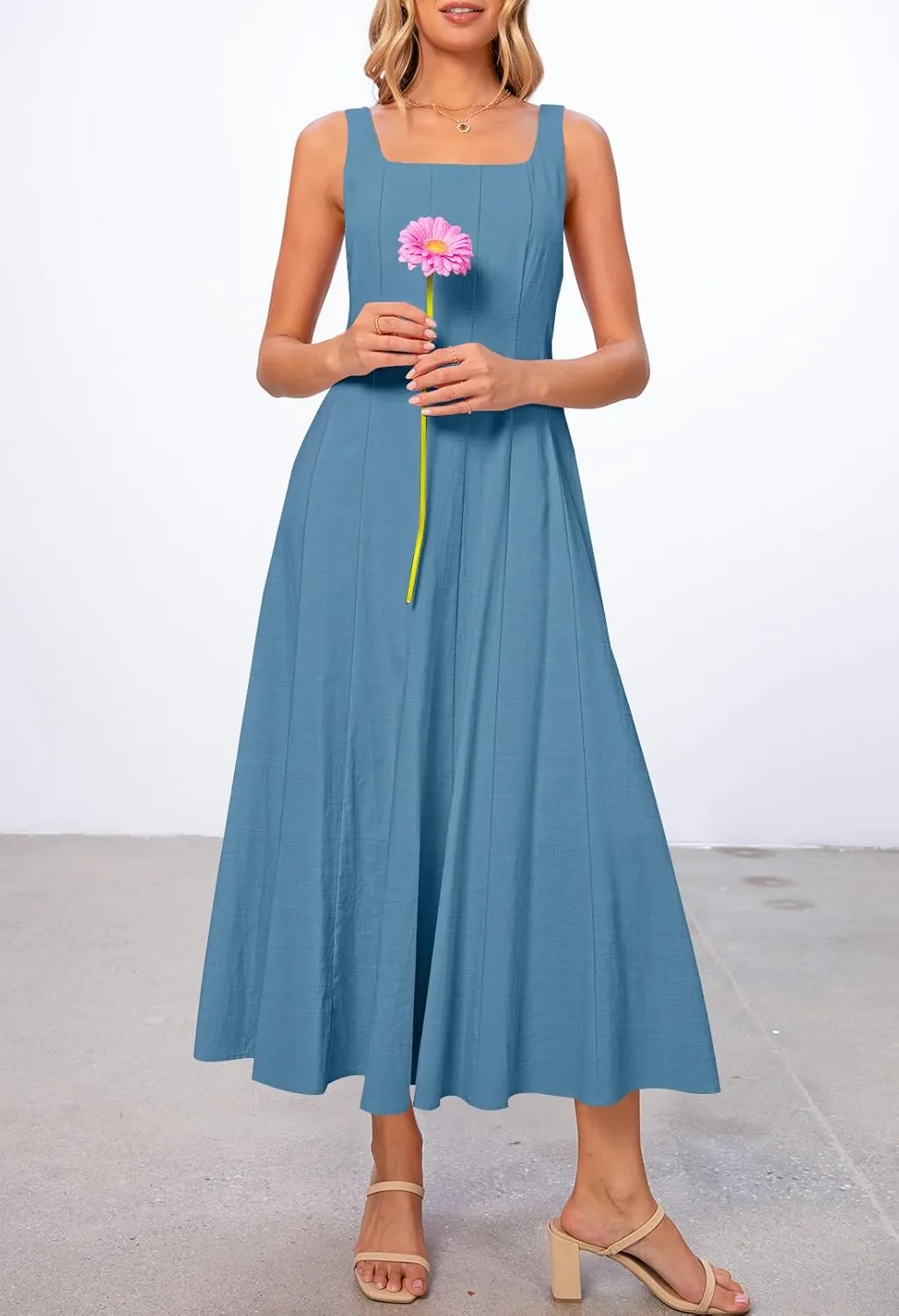 MEROKEETY Women's 2025 Summer Sleeveless Midi Dress Square Neck Smocked Flowy A Line Beach Dresses