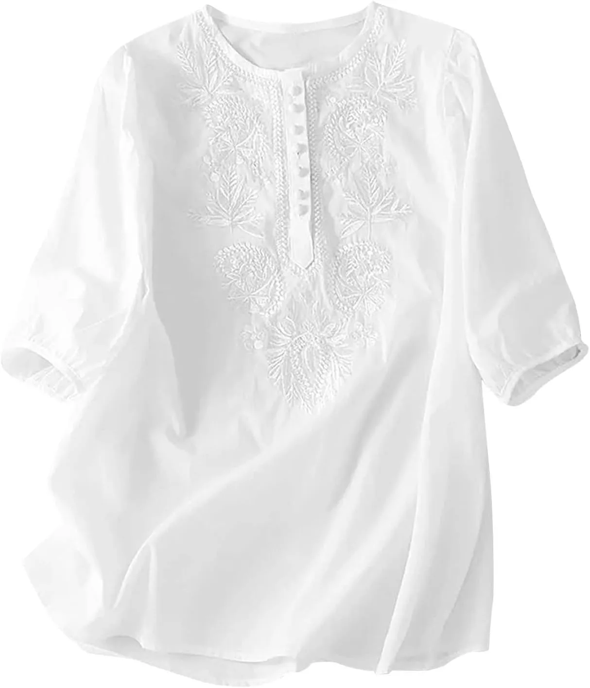Mexican Embroidered Tops for Women Summer Cotton Linen Shirt Casual Short Sleeve Round Neck Blouse Tees