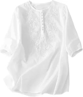 Mexican Embroidered Tops for Women Summer Cotton Linen Shirt Casual Short Sleeve Round Neck Blouse Tees