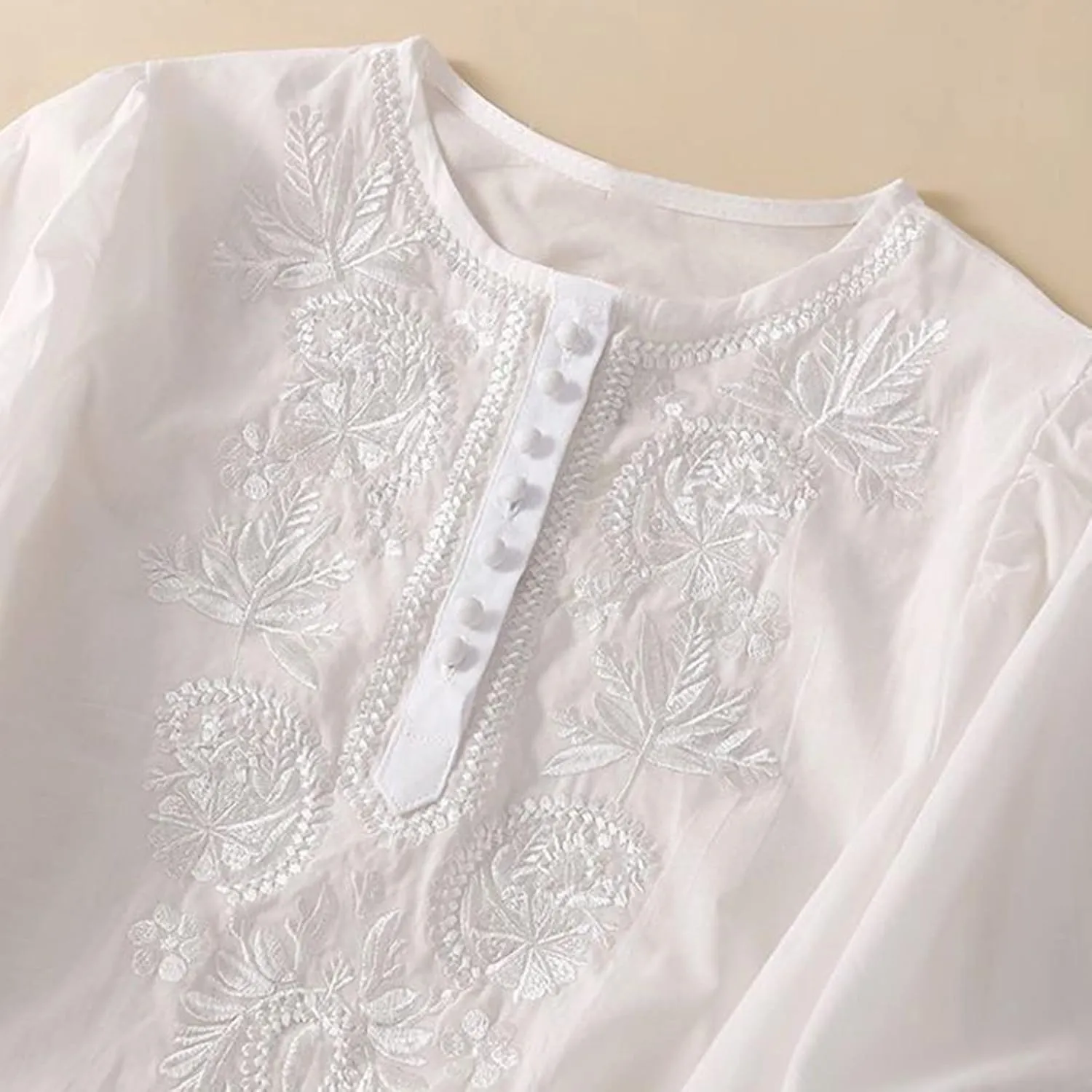 Mexican Embroidered Tops for Women Summer Cotton Linen Shirt Casual Short Sleeve Round Neck Blouse Tees