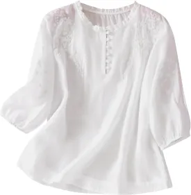 Mexican Embroidered Tops for Women Summer Cotton Linen Shirt Trendy Round Neck Tees Casual Short Sleeve Top