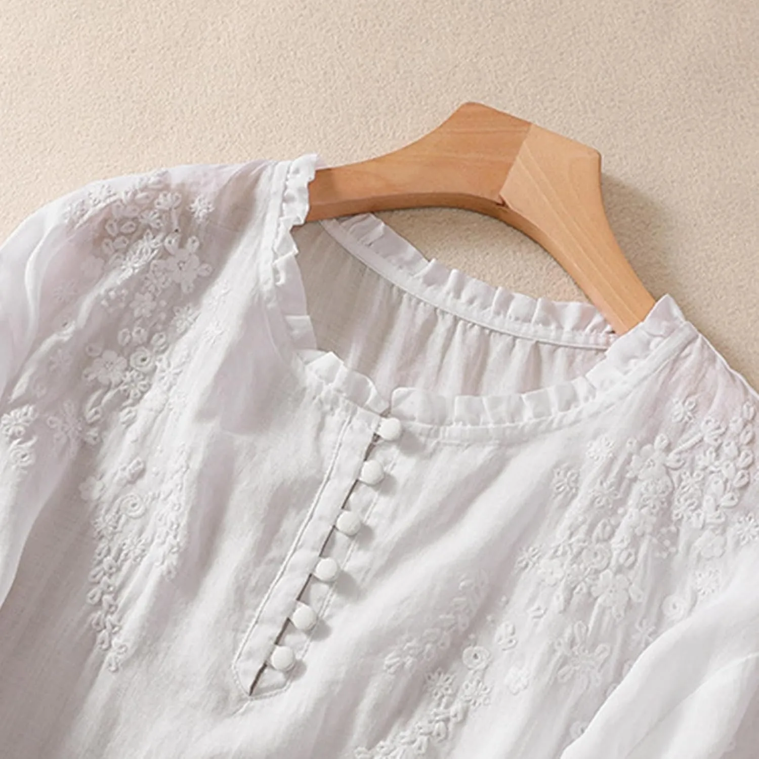 Mexican Embroidered Tops for Women Summer Cotton Linen Shirt Trendy Round Neck Tees Casual Short Sleeve Top