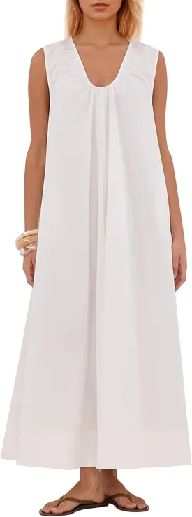MISSACTIVER Women's Sleeveless Maxi Dress Scoop Neck Ruched Long Dress with Side Pockets Wide Shoulder Elegant Blouse Dresses