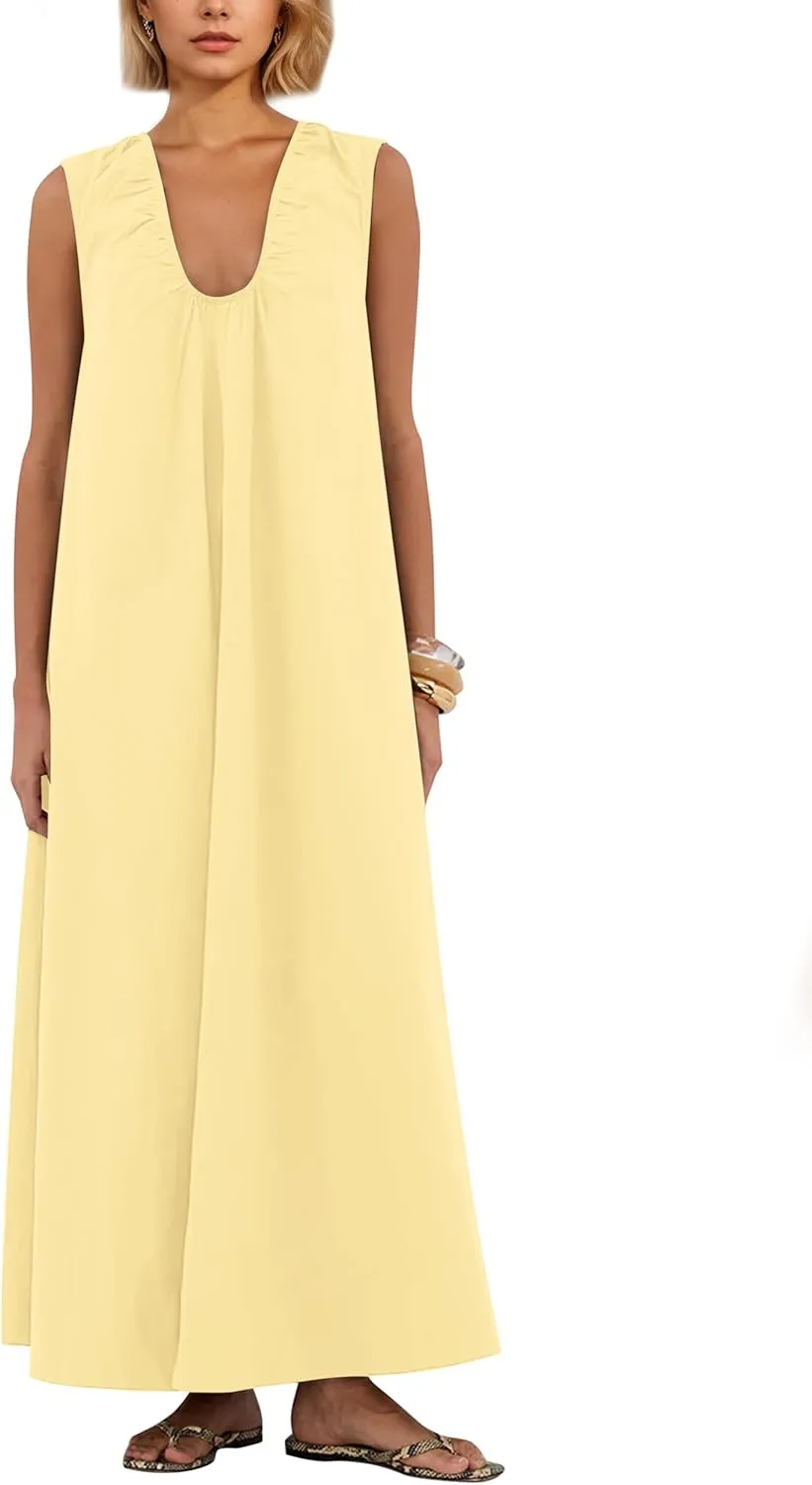 MISSACTIVER Women's Sleeveless Maxi Dress Scoop Neck Ruched Long Dress with Side Pockets Wide Shoulder Elegant Blouse Dresses