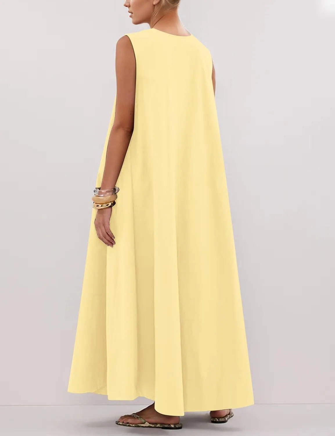 MISSACTIVER Women's Sleeveless Maxi Dress Scoop Neck Ruched Long Dress with Side Pockets Wide Shoulder Elegant Blouse Dresses