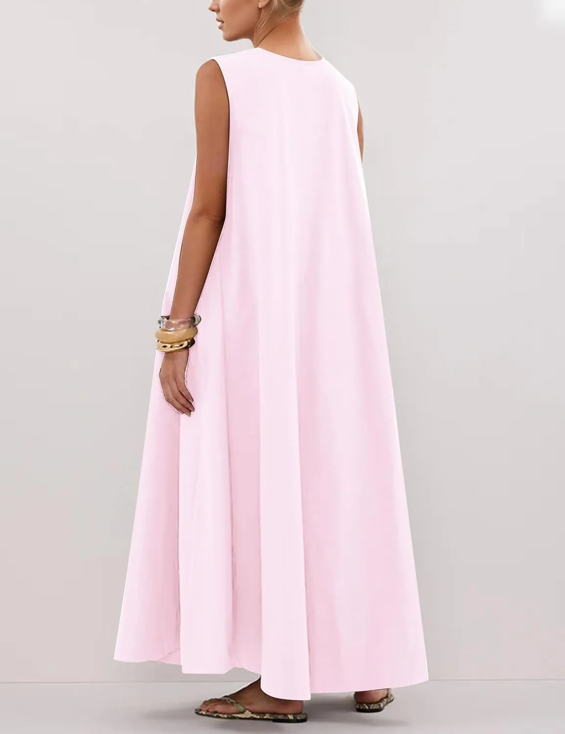 MISSACTIVER Women's Sleeveless Maxi Dress Scoop Neck Ruched Long Dress with Side Pockets Wide Shoulder Elegant Blouse Dresses