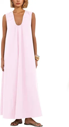 MISSACTIVER Women's Sleeveless Maxi Dress Scoop Neck Ruched Long Dress with Side Pockets Wide Shoulder Elegant Blouse Dresses