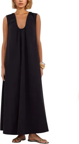 MISSACTIVER Women's Sleeveless Maxi Dress Scoop Neck Ruched Long Dress with Side Pockets Wide Shoulder Elegant Blouse Dresses