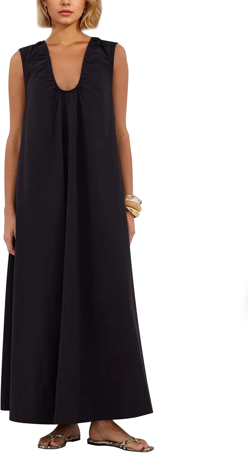 MISSACTIVER Women's Sleeveless Maxi Dress Scoop Neck Ruched Long Dress with Side Pockets Wide Shoulder Elegant Blouse Dresses