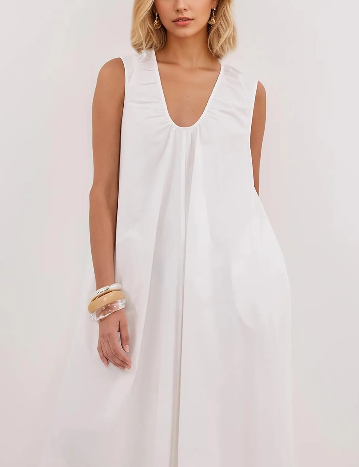 MISSACTIVER Women's Sleeveless Maxi Dress Scoop Neck Ruched Long Dress with Side Pockets Wide Shoulder Elegant Blouse Dresses