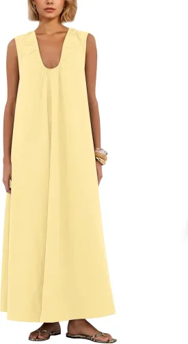 MISSACTIVER Women's Sleeveless Maxi Dress Scoop Neck Ruched Long Dress with Side Pockets Wide Shoulder Elegant Blouse Dresses