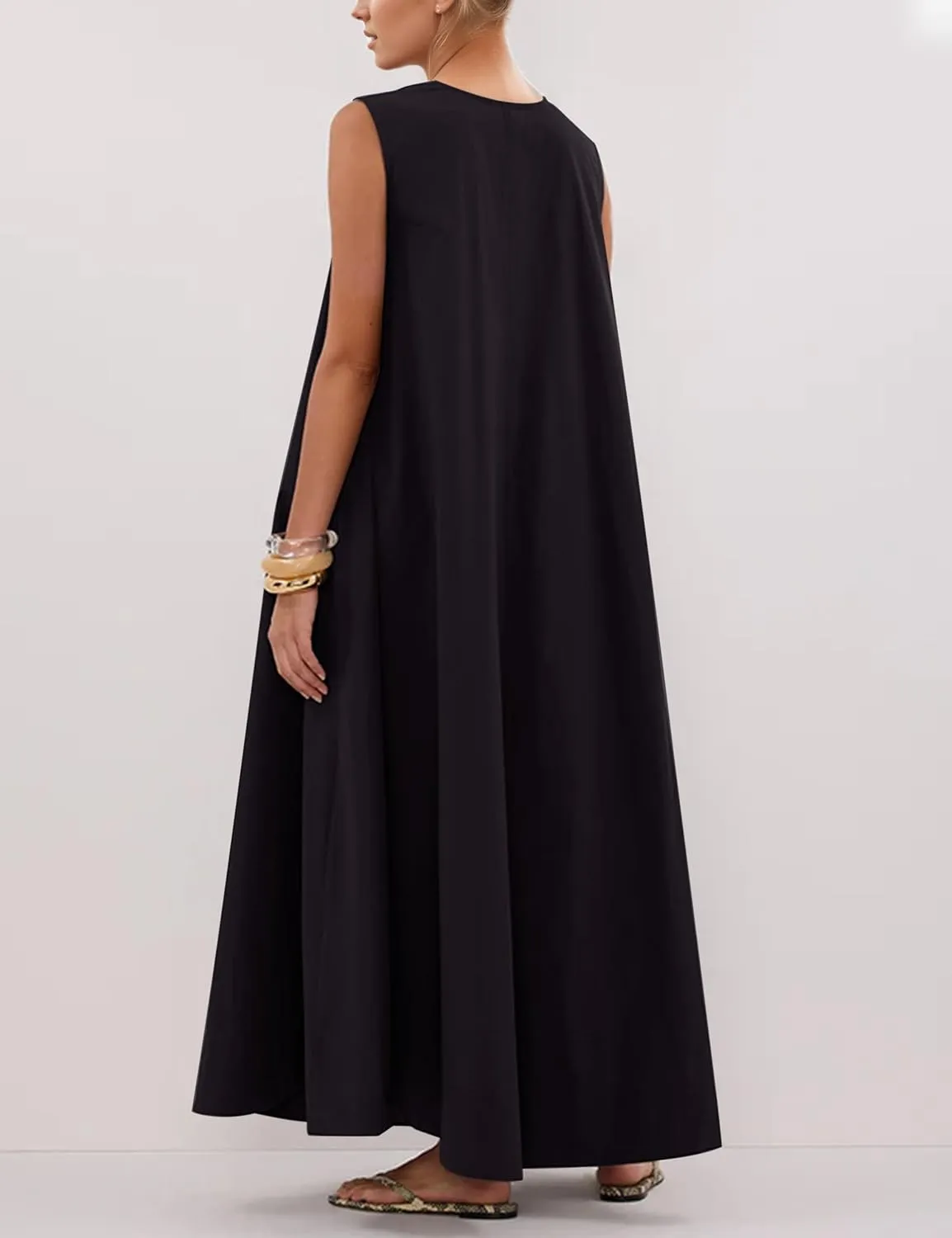 MISSACTIVER Women's Sleeveless Maxi Dress Scoop Neck Ruched Long Dress with Side Pockets Wide Shoulder Elegant Blouse Dresses
