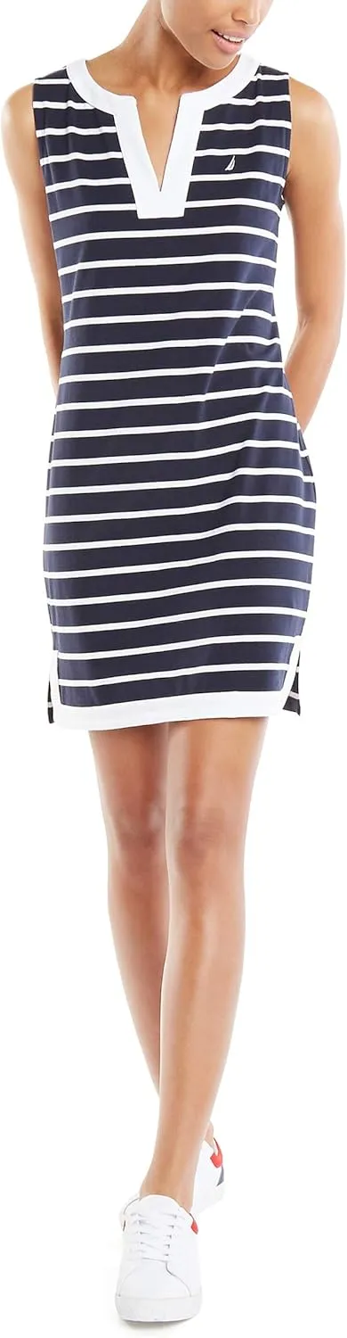 Nautica Women's Breton Stripes Sleeveless V-Neck Stretch Cotton Polo Dress