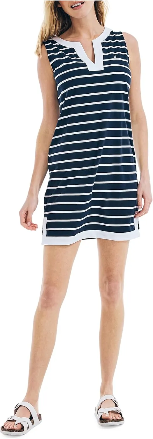 Nautica Women's Breton Stripes Sleeveless V-Neck Stretch Cotton Polo Dress