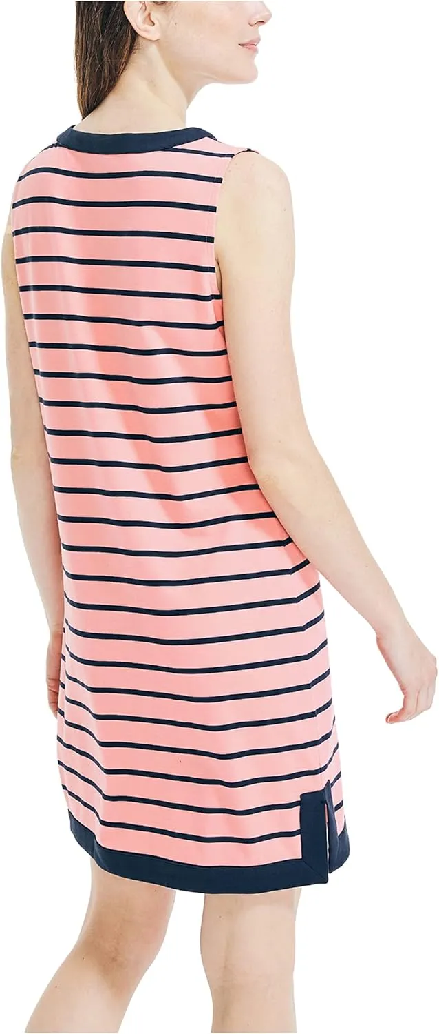 Nautica Women's Breton Stripes Sleeveless V-Neck Stretch Cotton Polo Dress