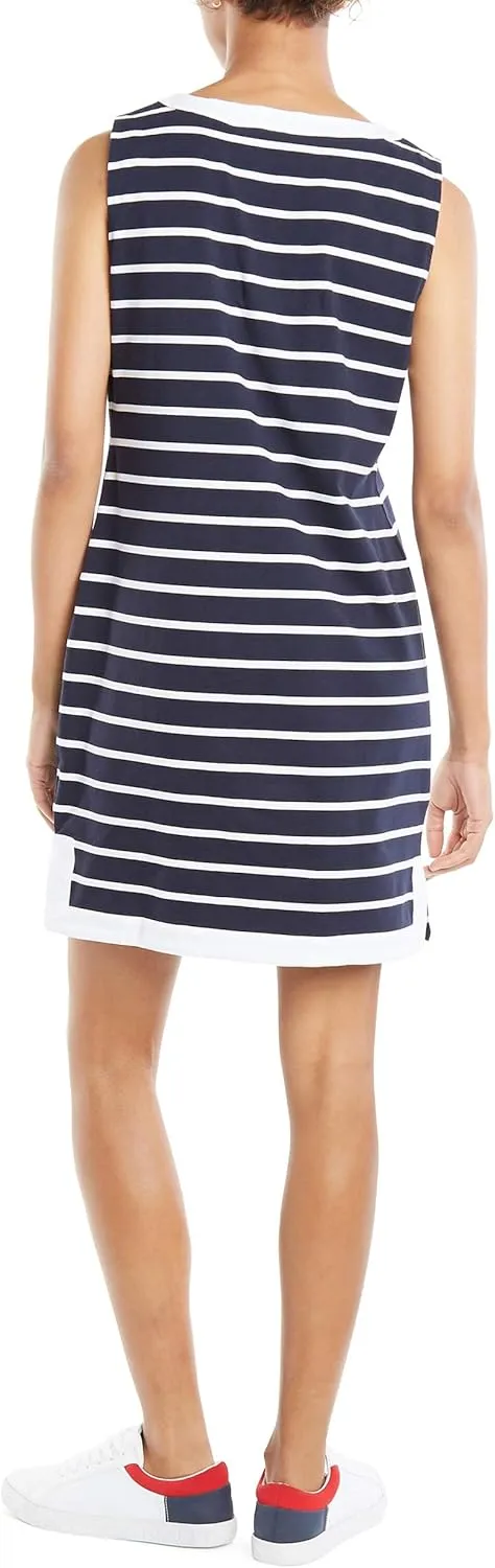 Nautica Women's Breton Stripes Sleeveless V-Neck Stretch Cotton Polo Dress