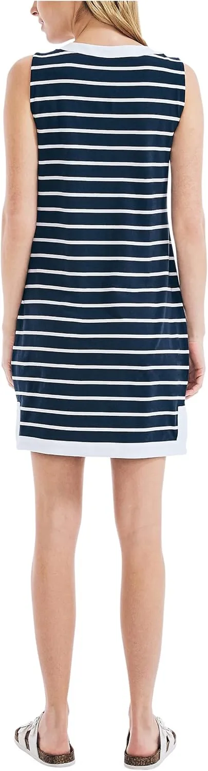 Nautica Women's Breton Stripes Sleeveless V-Neck Stretch Cotton Polo Dress