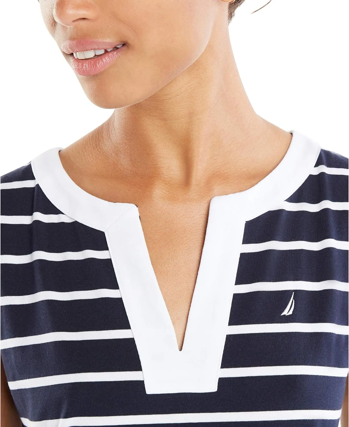 Nautica Women's Breton Stripes Sleeveless V-Neck Stretch Cotton Polo Dress