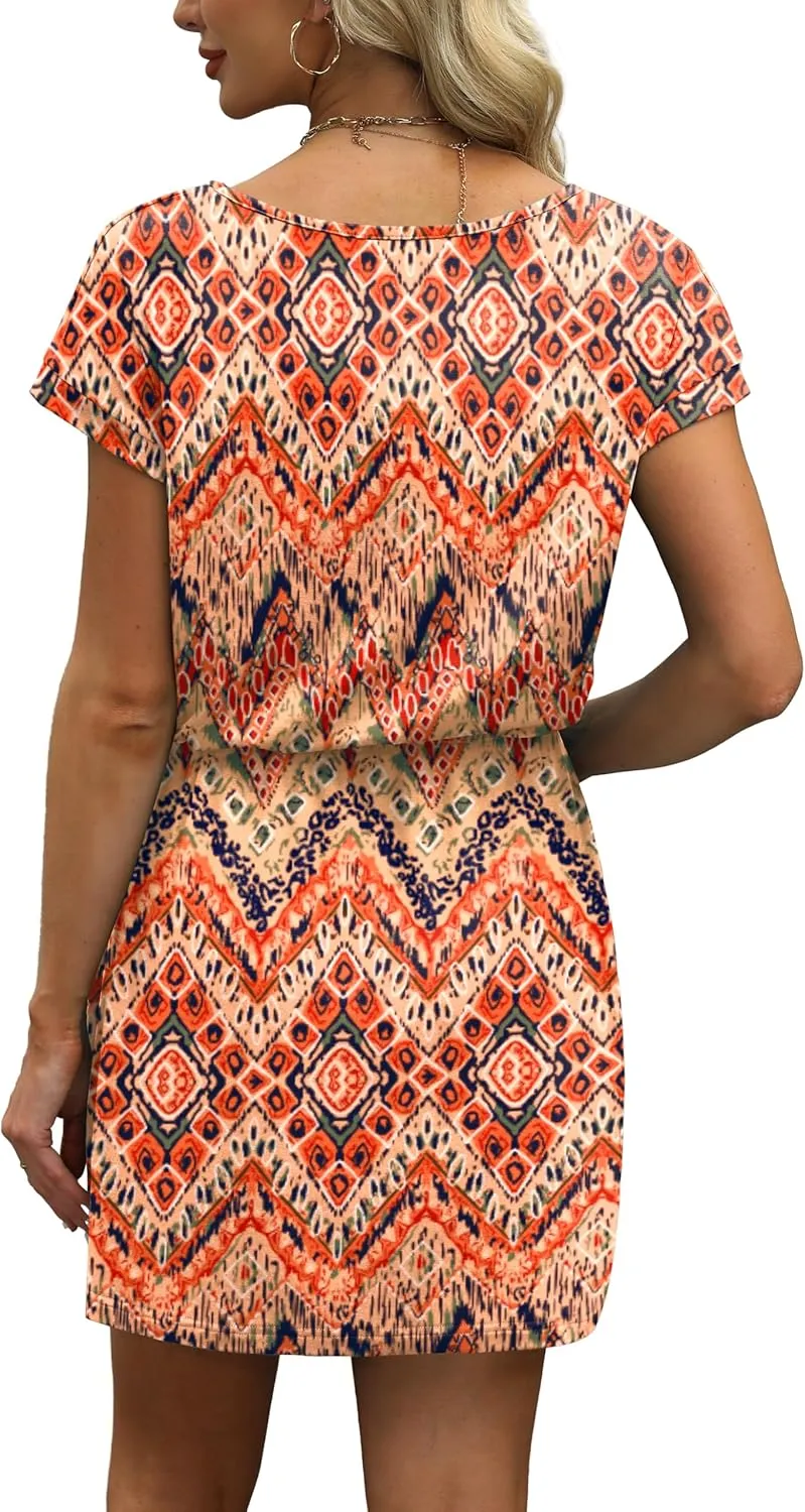 OFEEFAN Summer Dresses for Women 2025 V Neck T Shirt Casual Mini Dresses Tie Waist Sundresses with Pockets
