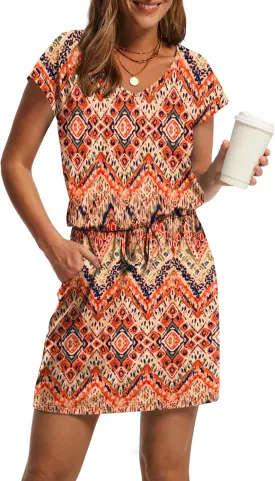 OFEEFAN Summer Dresses for Women 2025 V Neck T Shirt Casual Mini Dresses Tie Waist Sundresses with Pockets
