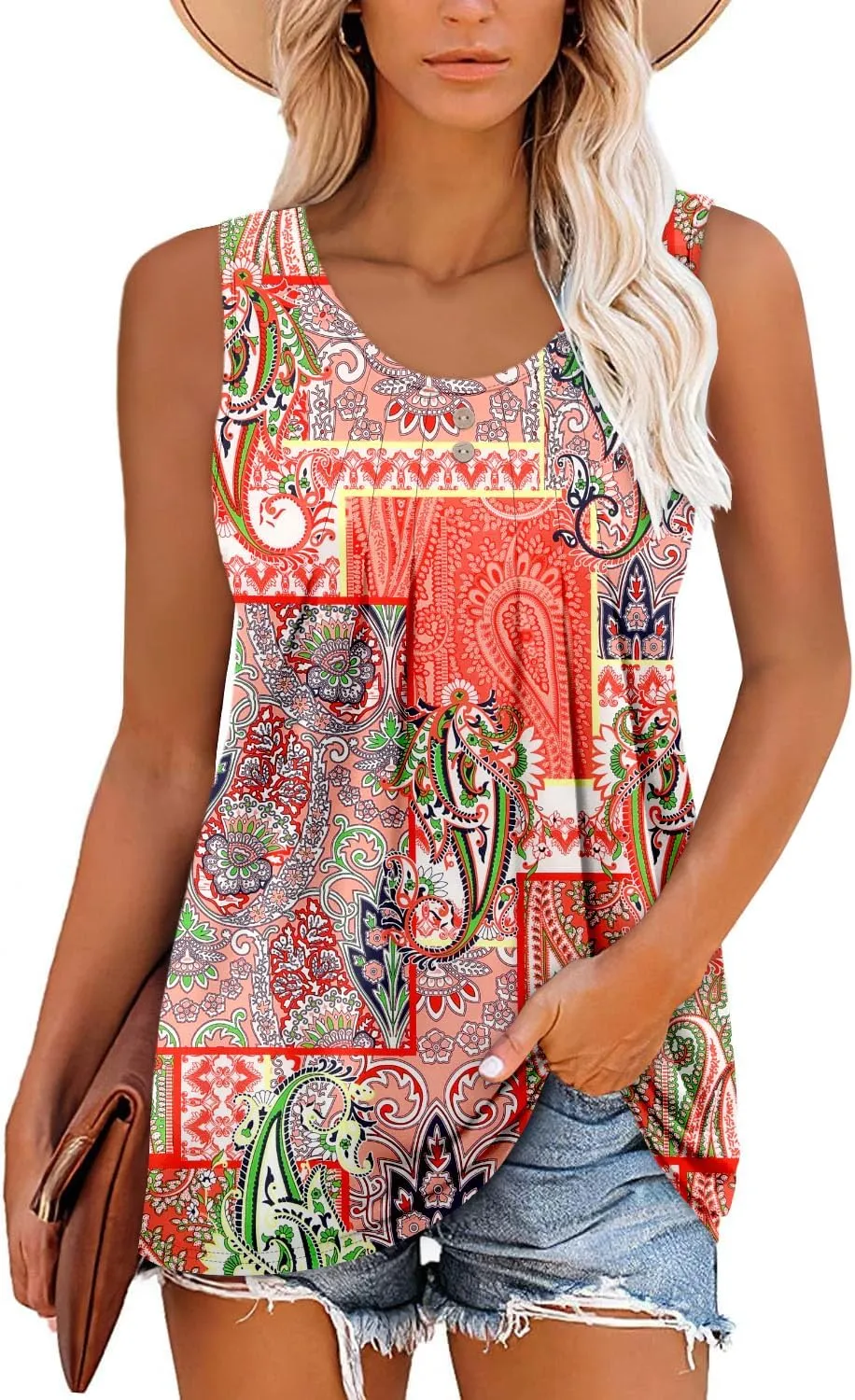 onlypuff Womens Tank Tops Sleeveless Pleated Crew Neck Shirts Dressy Casual Work Cami Blouse