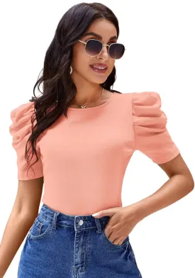 Peach Solid Puff Sleeve Crop Top