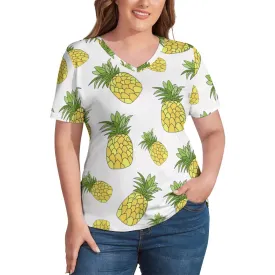 Pineapple Print Plus Size Ladies V-Neck Short Sleeve T-Shirt