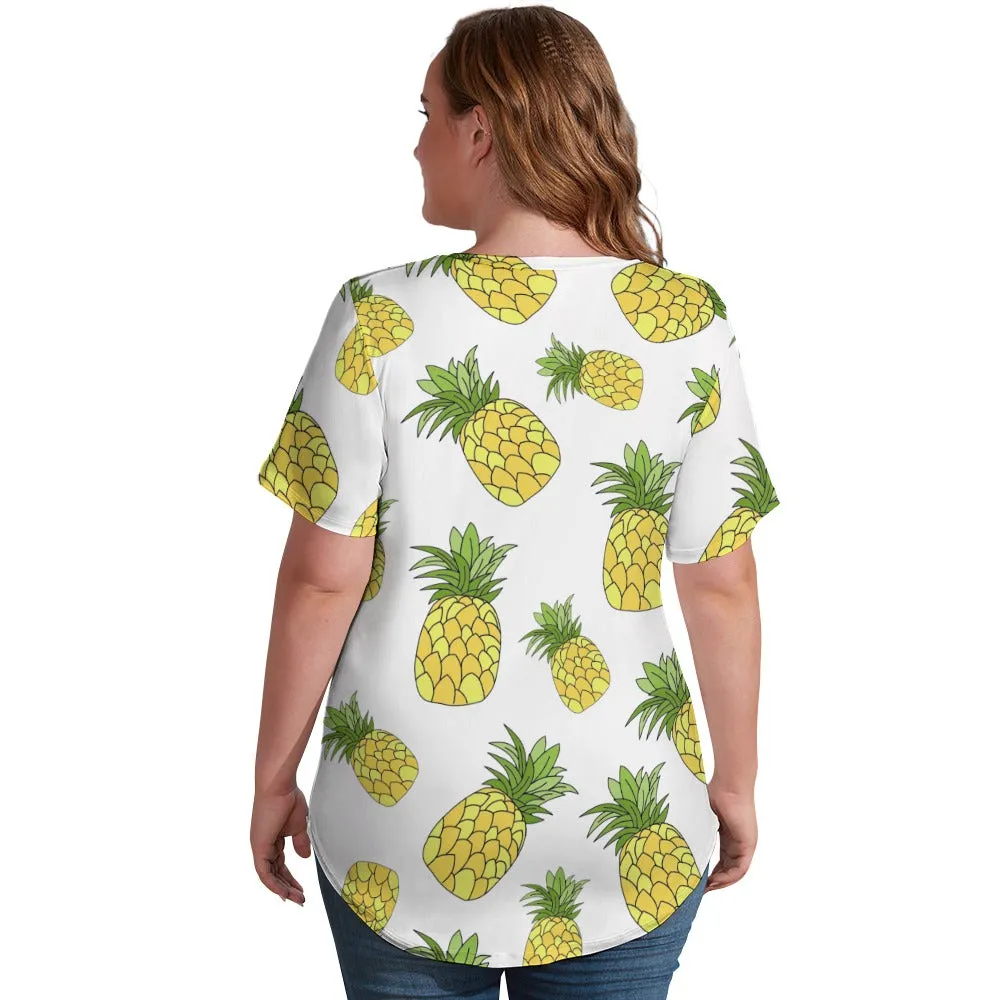 Pineapple Print Plus Size Ladies V-Neck Short Sleeve T-Shirt