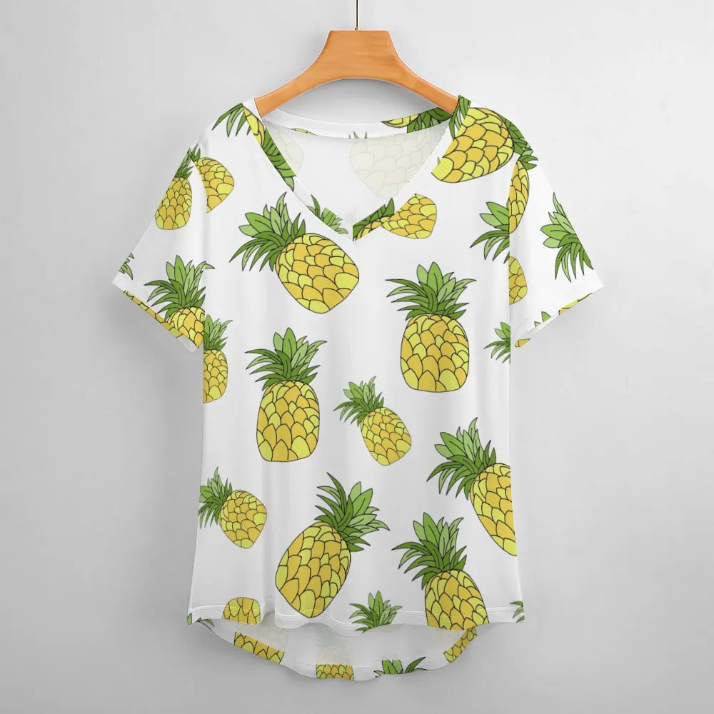 Pineapple Print Plus Size Ladies V-Neck Short Sleeve T-Shirt