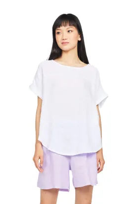 Pistache Linen and Gauze Cotton Short Sleeve Crew Neck Top - White