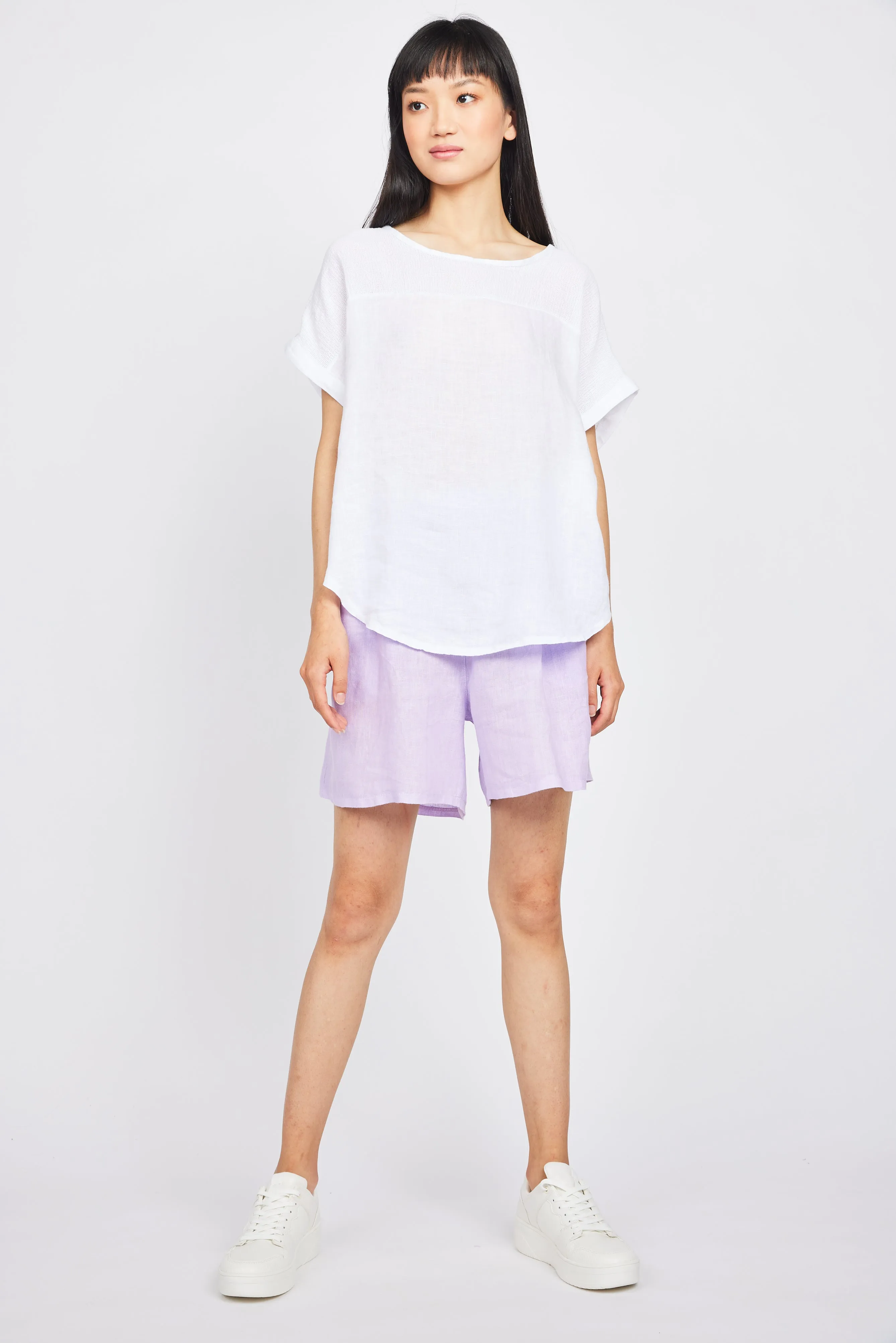 Pistache Linen and Gauze Cotton Short Sleeve Crew Neck Top - White