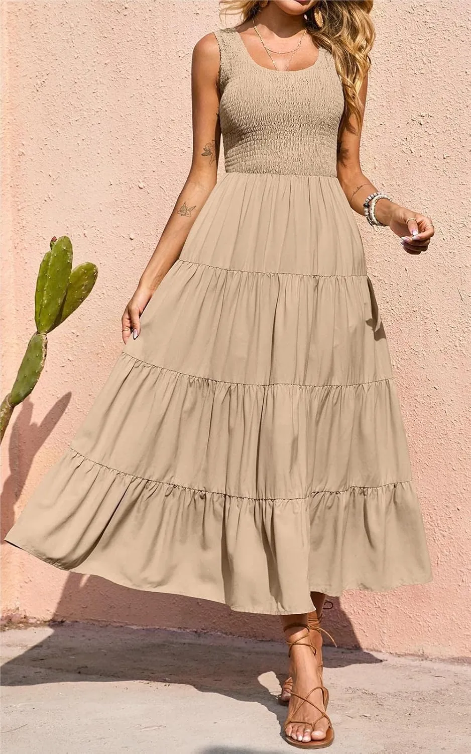 PRETTYGARDEN Women's 2025 Casual Loose Plain Maxi Sundress Smocked Tank Dress Sleeveless Summer Beach Tiered Long Dresses