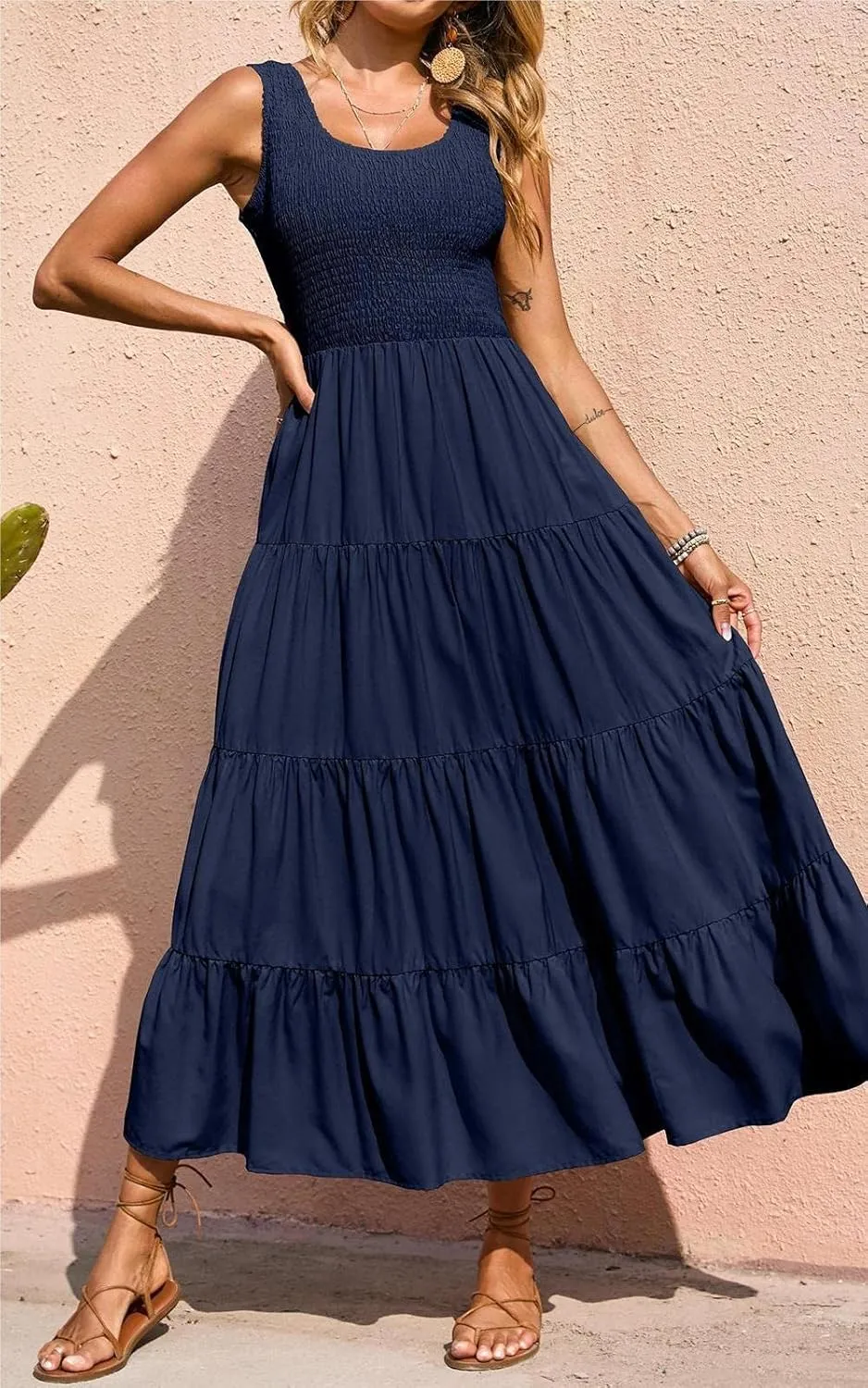 PRETTYGARDEN Women's 2025 Casual Loose Plain Maxi Sundress Smocked Tank Dress Sleeveless Summer Beach Tiered Long Dresses