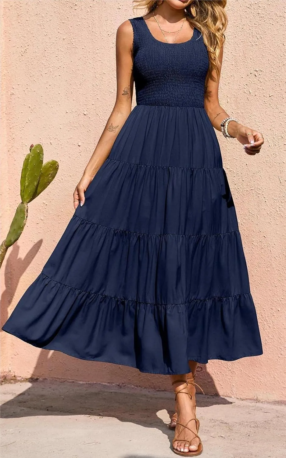 PRETTYGARDEN Women's 2025 Casual Loose Plain Maxi Sundress Smocked Tank Dress Sleeveless Summer Beach Tiered Long Dresses
