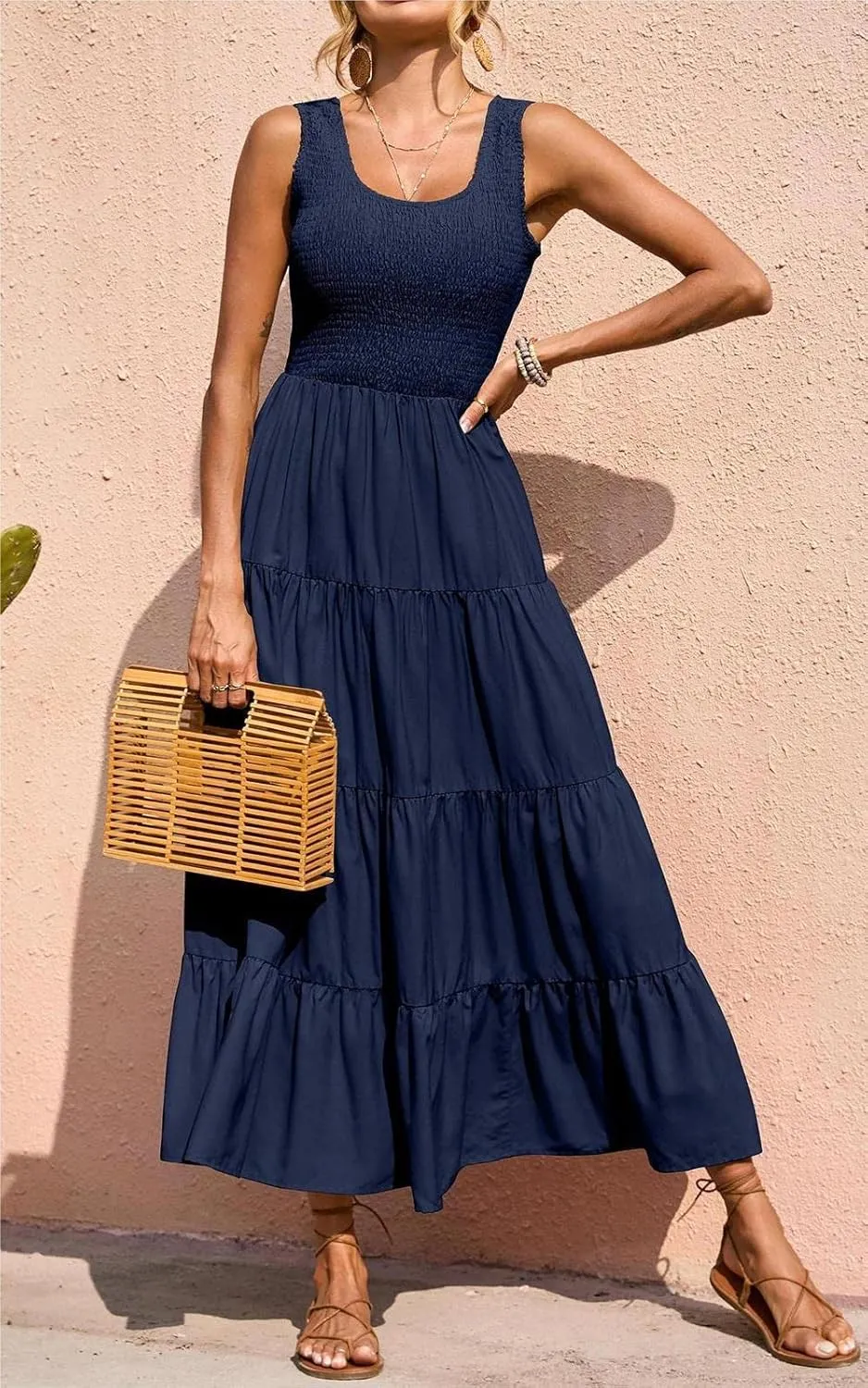 PRETTYGARDEN Women's 2025 Casual Loose Plain Maxi Sundress Smocked Tank Dress Sleeveless Summer Beach Tiered Long Dresses
