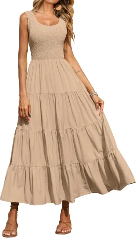 PRETTYGARDEN Women's 2025 Casual Loose Plain Maxi Sundress Smocked Tank Dress Sleeveless Summer Beach Tiered Long Dresses