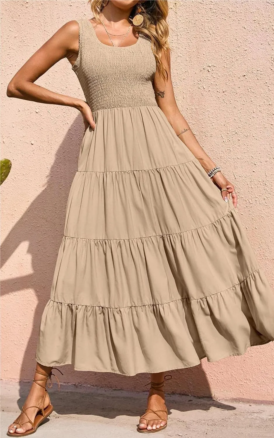 PRETTYGARDEN Women's 2025 Casual Loose Plain Maxi Sundress Smocked Tank Dress Sleeveless Summer Beach Tiered Long Dresses