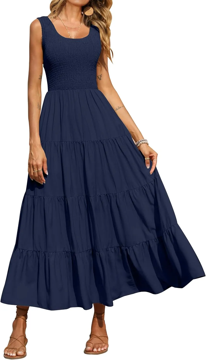 PRETTYGARDEN Women's 2025 Casual Loose Plain Maxi Sundress Smocked Tank Dress Sleeveless Summer Beach Tiered Long Dresses