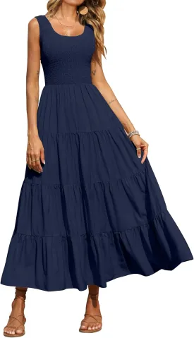 PRETTYGARDEN Women's 2025 Casual Loose Plain Maxi Sundress Smocked Tank Dress Sleeveless Summer Beach Tiered Long Dresses