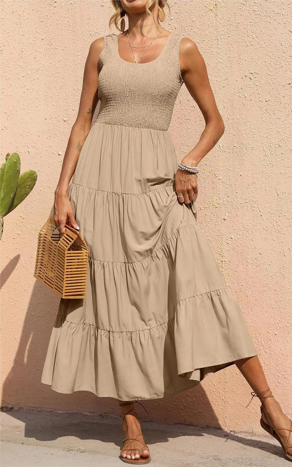 PRETTYGARDEN Women's 2025 Casual Loose Plain Maxi Sundress Smocked Tank Dress Sleeveless Summer Beach Tiered Long Dresses