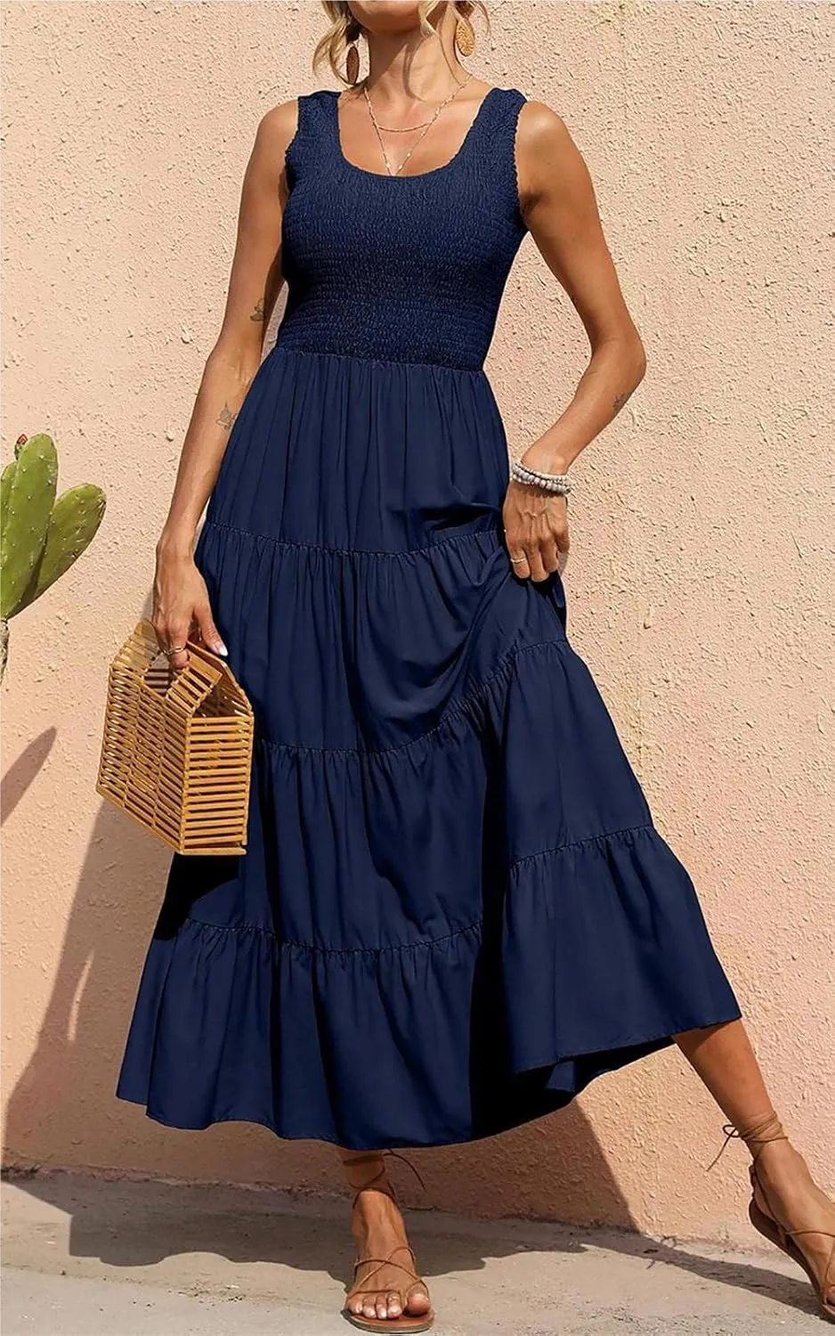PRETTYGARDEN Women's 2025 Casual Loose Plain Maxi Sundress Smocked Tank Dress Sleeveless Summer Beach Tiered Long Dresses