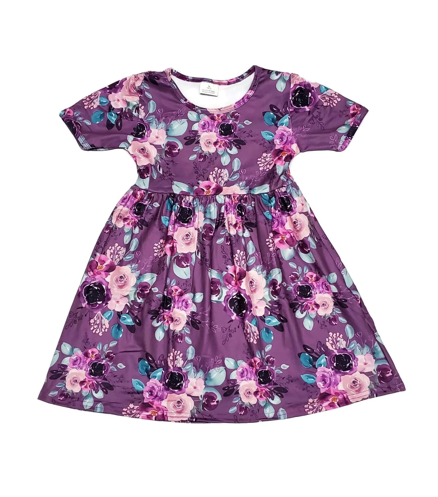 Purple Floral Short Sleeve Milk Silk Dress