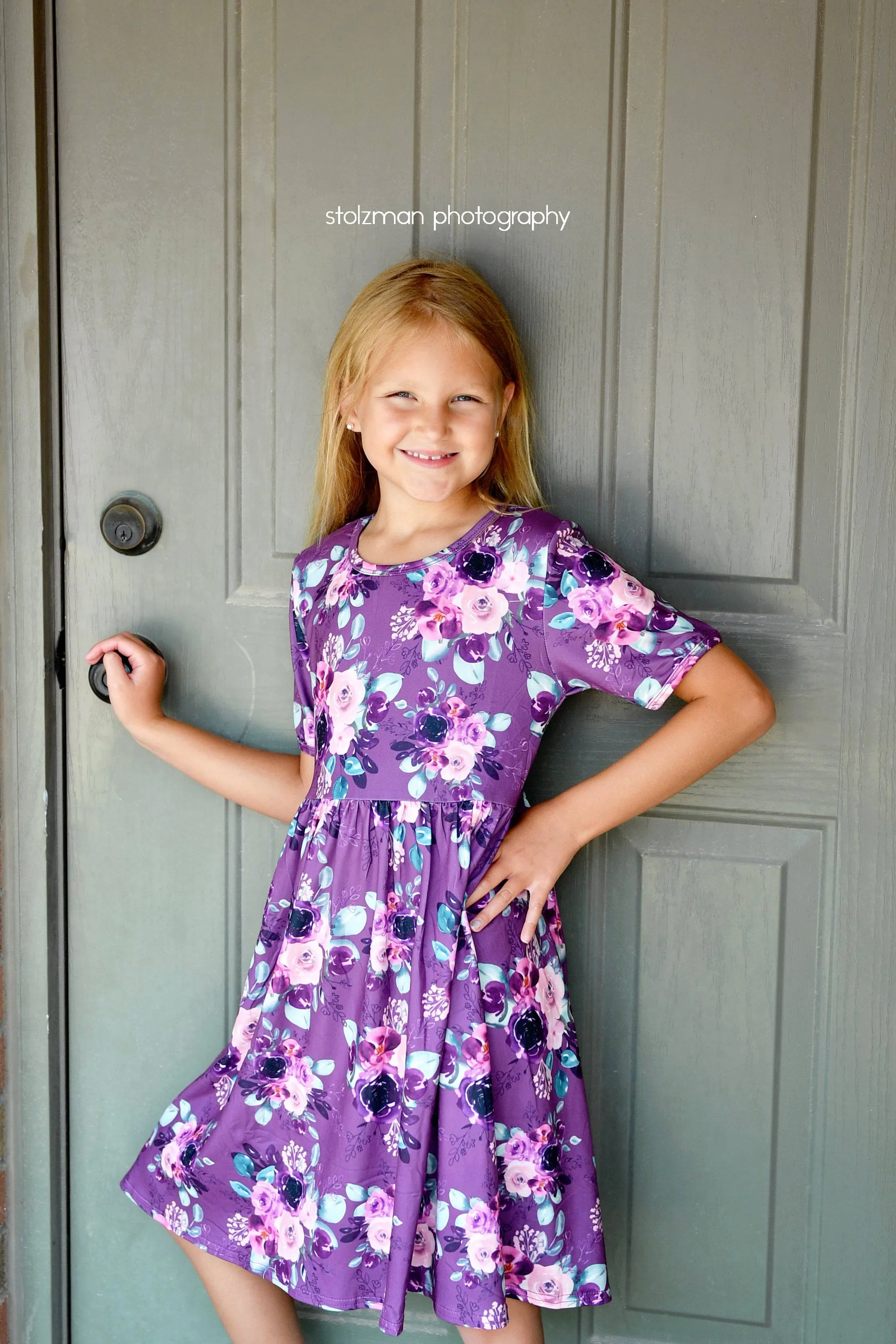 Purple Floral Short Sleeve Milk Silk Dress