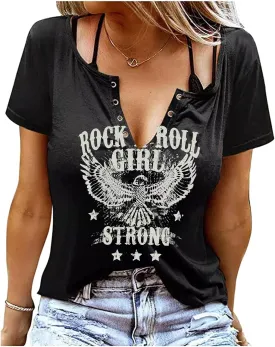 Rock Roll Criss-Cross Hollow Out T-Shirt Women Vintage Concert Rock Band Shirt Retro Country Music Short Sleeve Tops