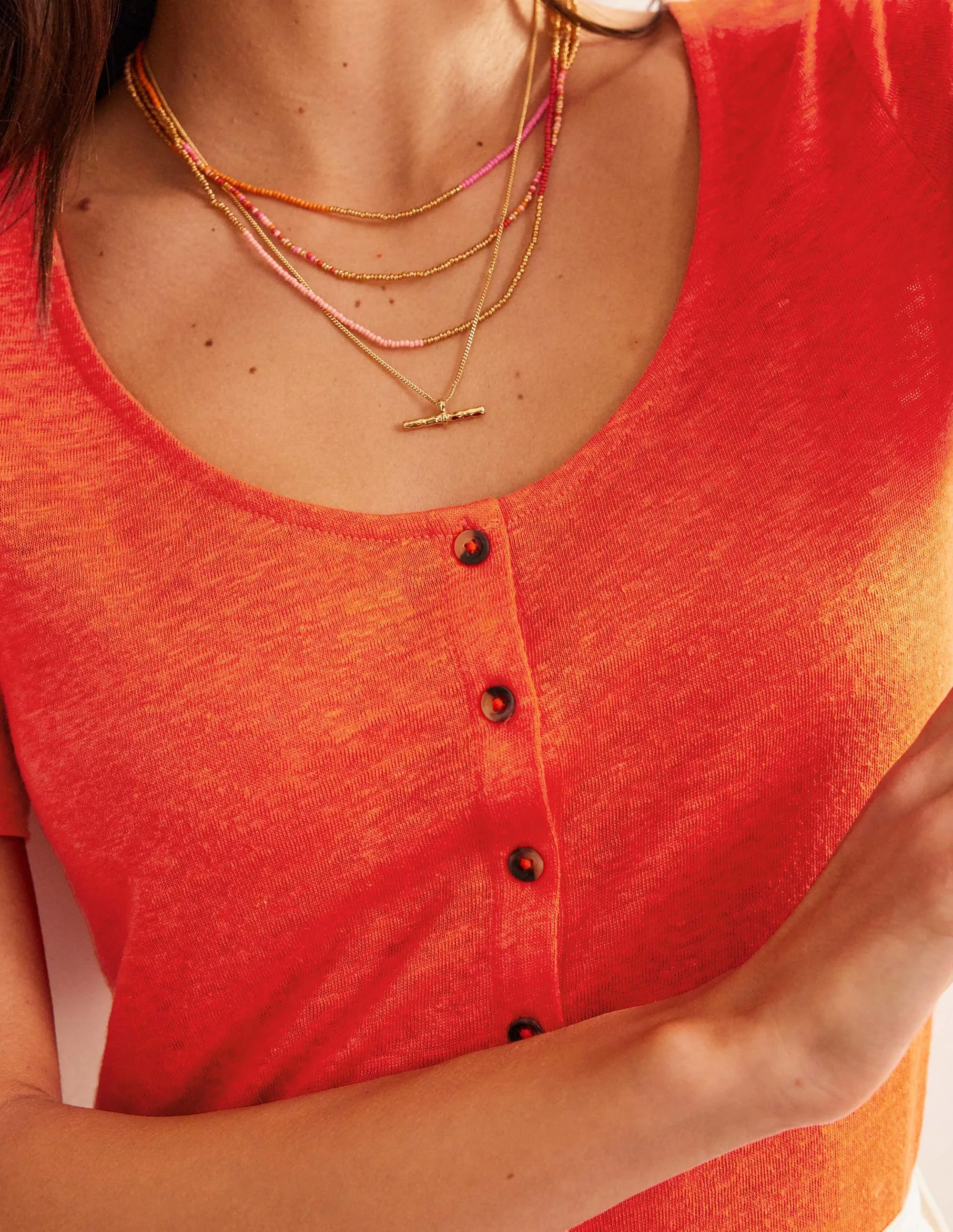 Scoop Neck Linen T-shirt-Blood Orange