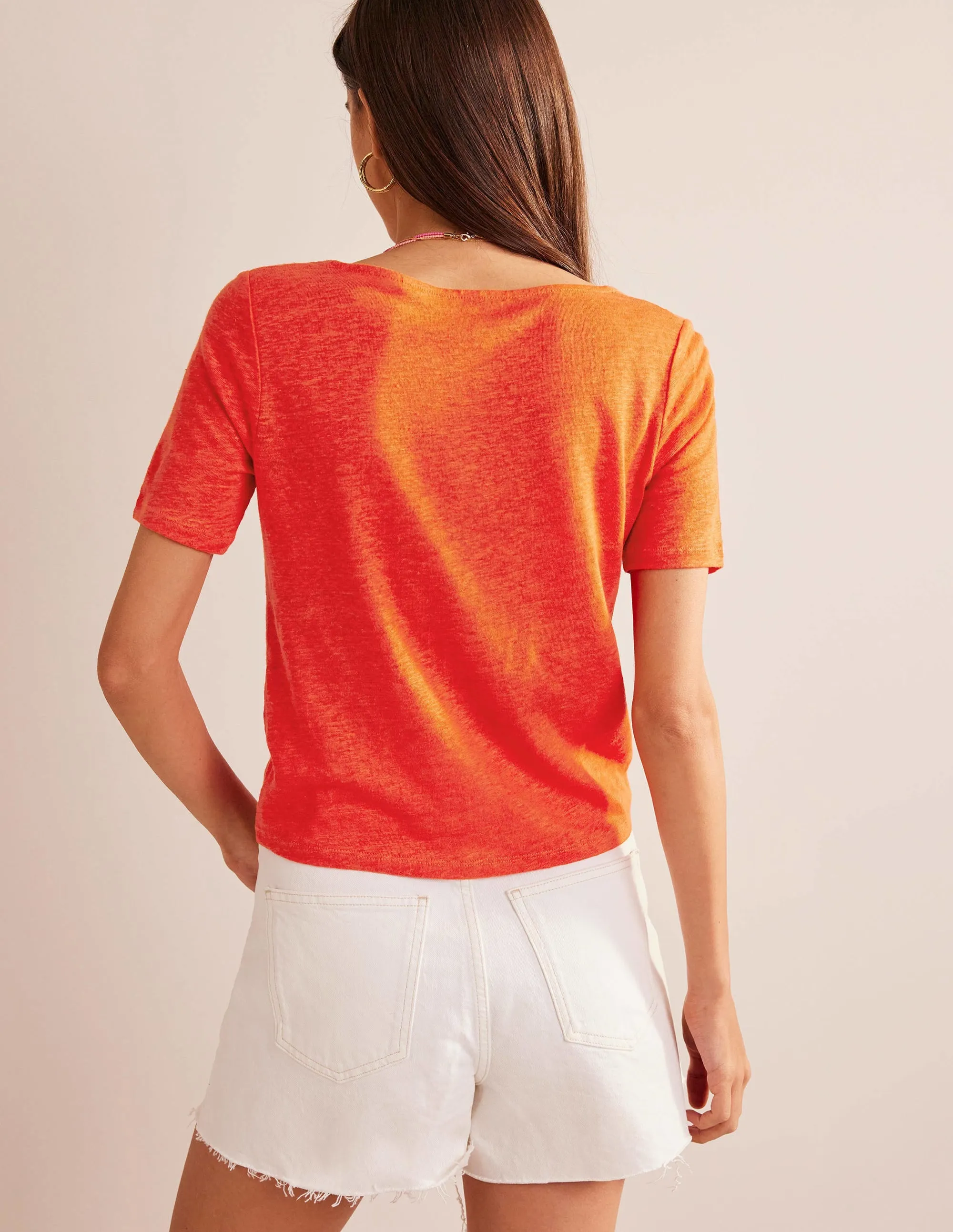 Scoop Neck Linen T-shirt-Blood Orange