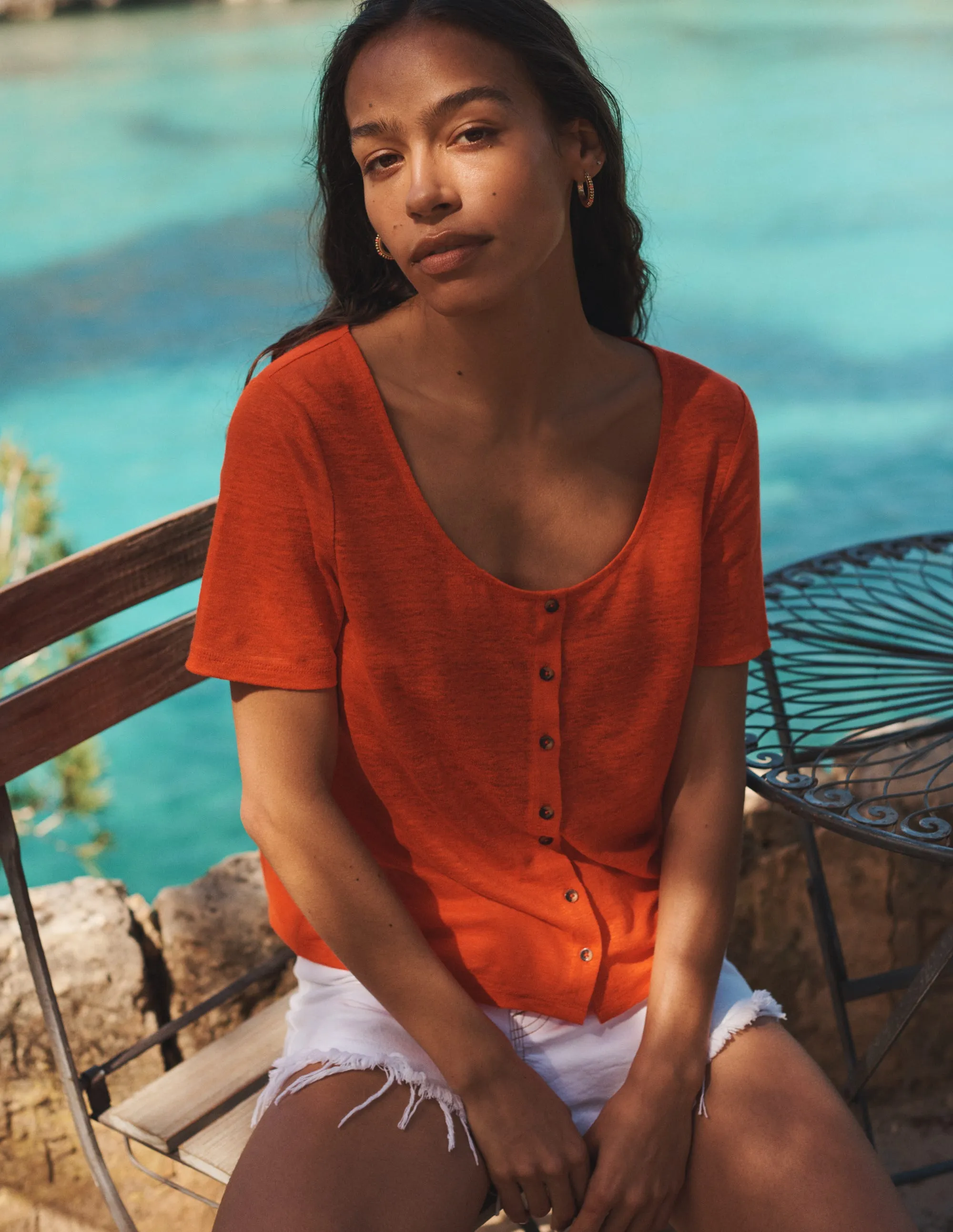 Scoop Neck Linen T-shirt-Blood Orange