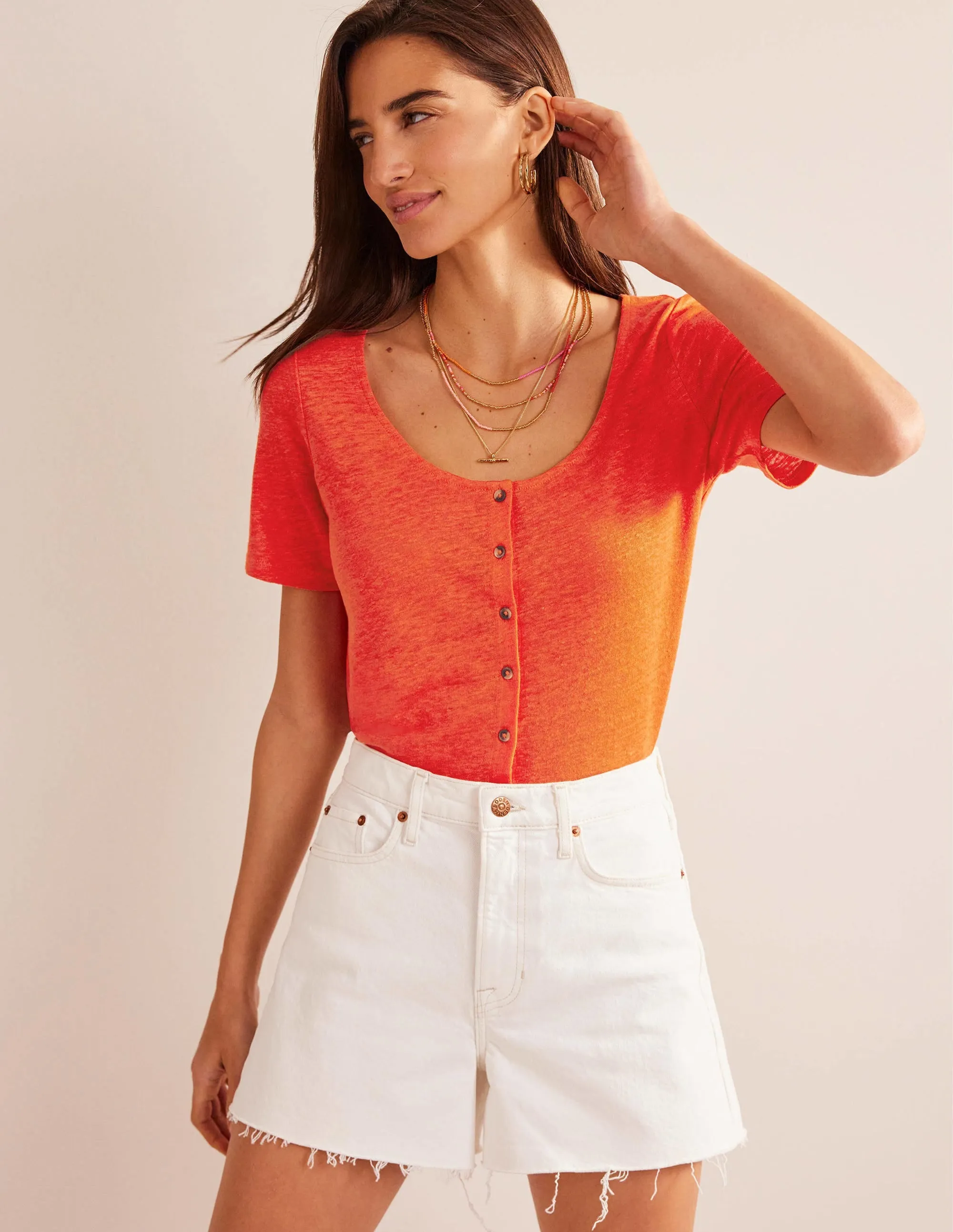 Scoop Neck Linen T-shirt-Blood Orange